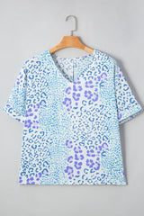 Sky Blue Leopard Print Short Sleeve V Neck Plus Size Top Plus Size Blouses & Shirts JT's Designer Fashion