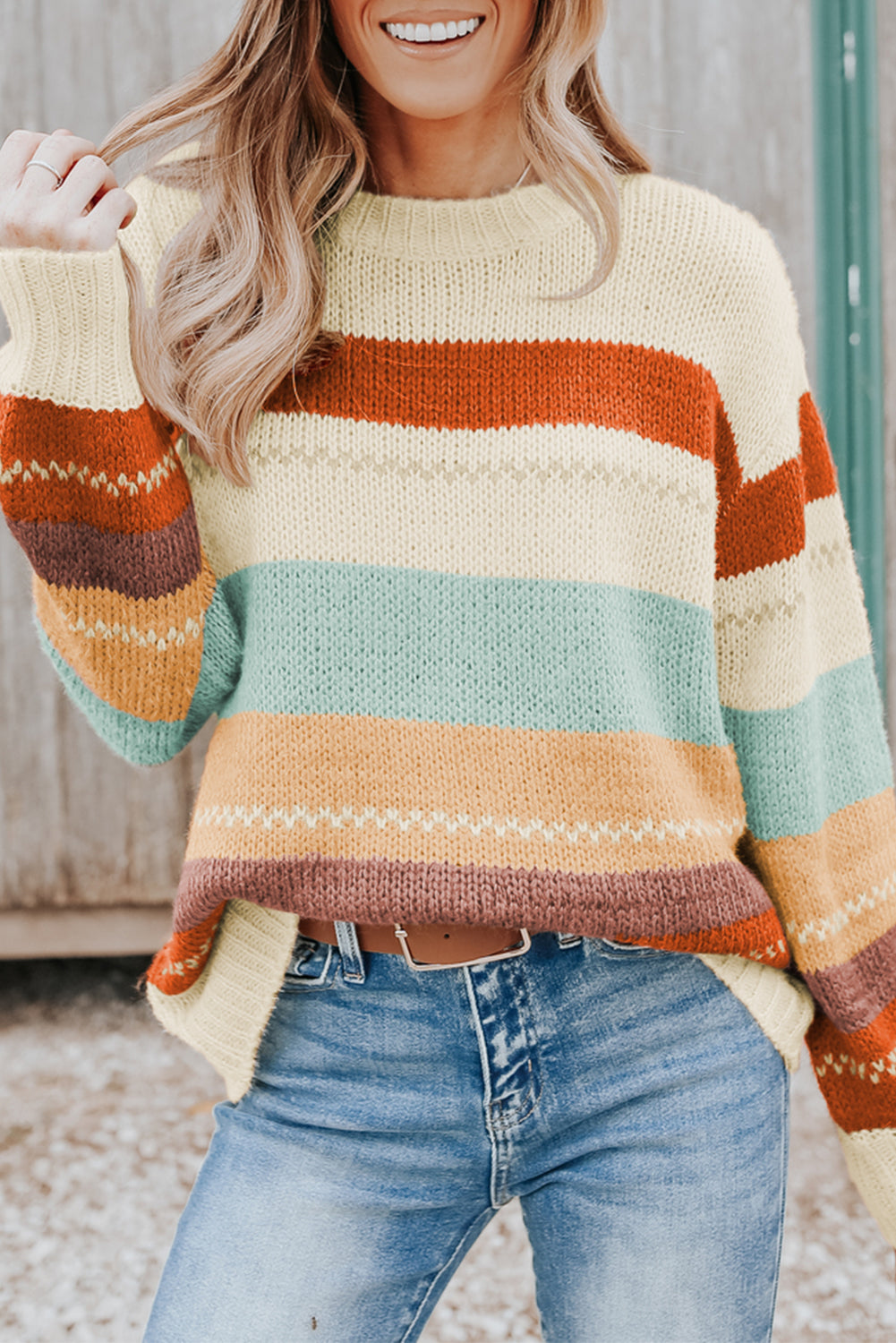 Crew Neck Drop-shoulder Striped Color Block Sweater Sweaters & Cardigans JT's Designer Fashion