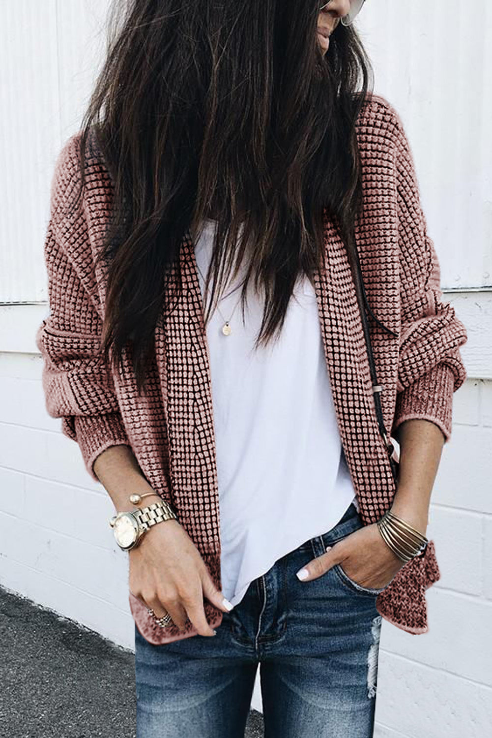 Peach Blossom Plaid Contrast Trim Open Front Cardigan Sweaters & Cardigans JT's Designer Fashion