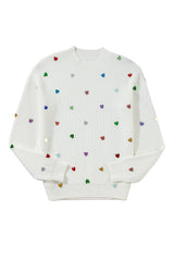 Beige Sequin Heart Shape Waffle Knit Round Neck Sweater Sweaters JT's Designer Fashion