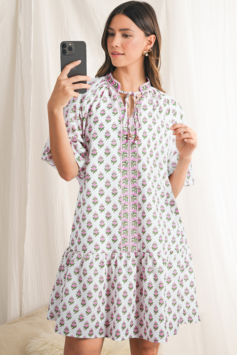 Pink Floral Print Bubble Sleeve Neck Tie Ruffled Dress Floral Dresses JT's Designer Fashion