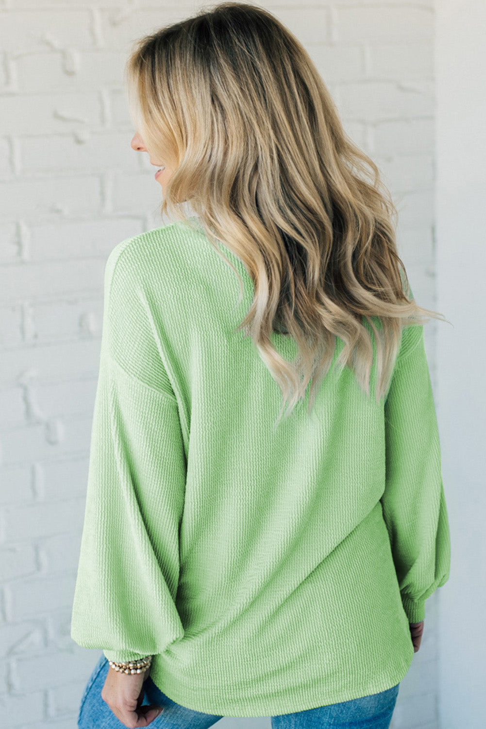 Moonlight Jade Solid Cord Ribbed Drop Shoulder Pullover Top Long Sleeve Tops JT's Designer Fashion