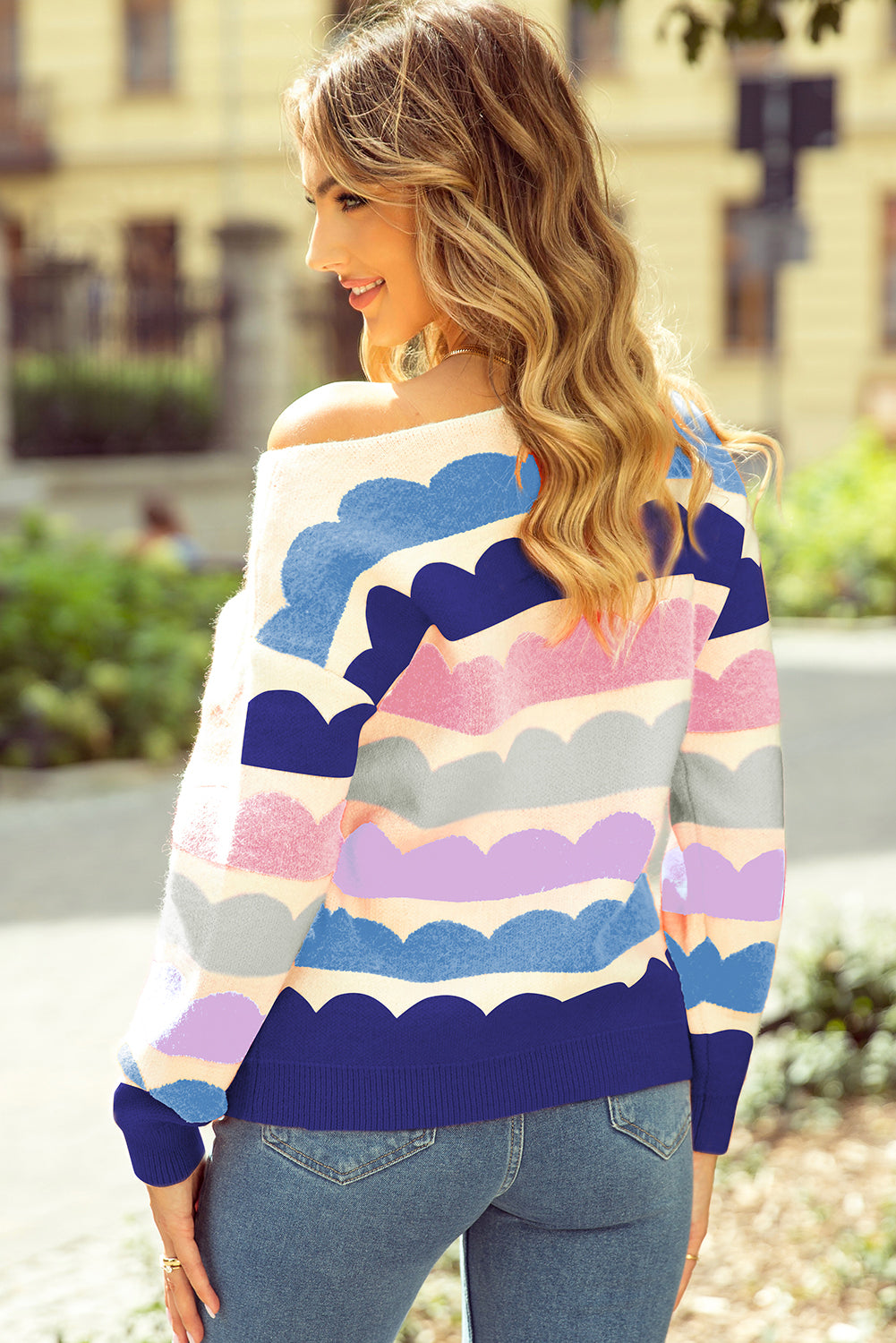 Dark Blue Wave Striped Balloon Sleeve Drop Shoulder Sweater Sweaters JT's Designer Fashion