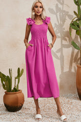 Rose Red Solid Color Ruffled Straps Smocked Ruched Long Dress Maxi Dresses JT's Designer Fashion