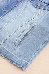 Sky Blue Color Block Denim Patchwork Frayed Hem Jacket Denim Jackets JT's Designer Fashion