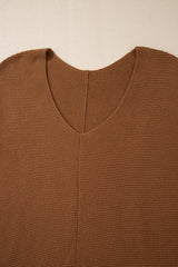 Camel Ribbed Knit Drop Sleeve V Neck Loose Fit Sweater Sweaters JT's Designer Fashion