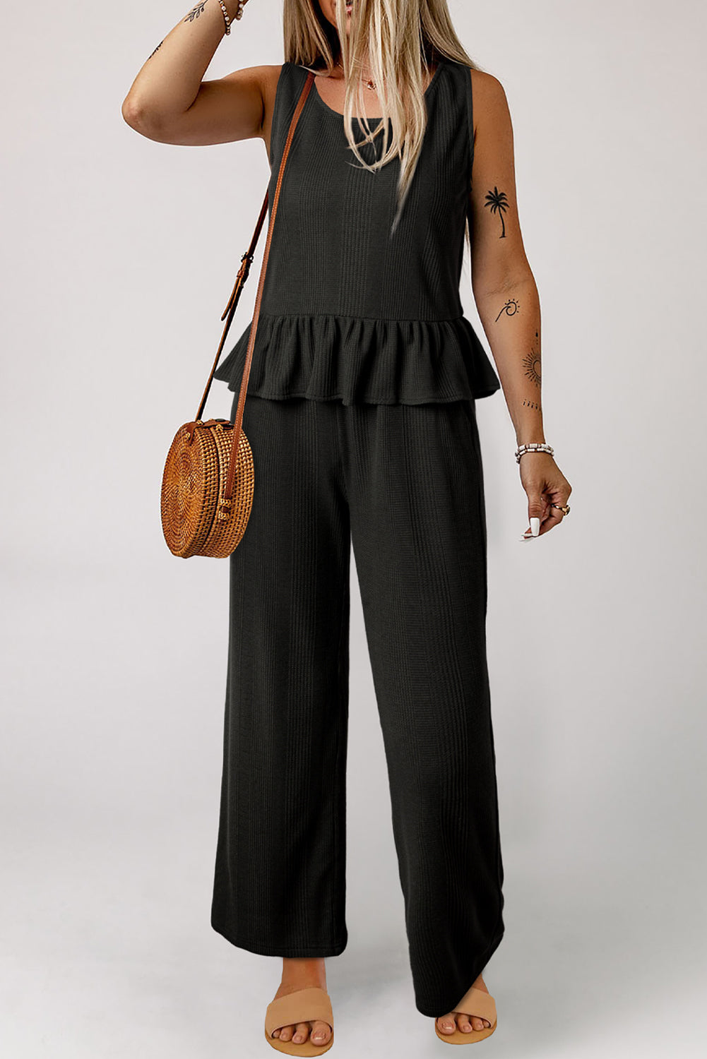 Black Solid Color Ribbed Ruffle Tank Top and Pants Set Pant Sets JT's Designer Fashion
