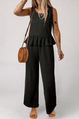 Black Solid Color Ribbed Ruffle Tank Top and Pants Set Pant Sets JT's Designer Fashion
