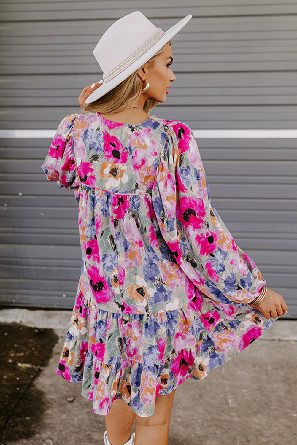 Multicolour Floral Tie Neck Bubble Sleeve Shift Dress Floral Dresses JT's Designer Fashion