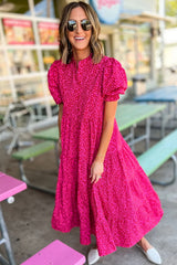 Rose Red Mock Neck Puff Sleeve Leopard Tiered Maxi Dress Dresses JT's Designer Fashion