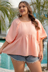 Apricot Pink Plus Size Textured Wide Short Sleeve Babydoll Blouse Plus Size Blouses & Shirts JT's Designer Fashion