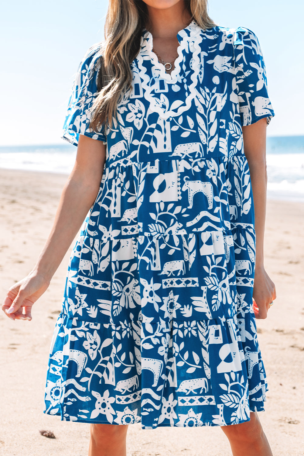 Blue Ricrac Trim Split Neck Floral Loose Dress Floral Dresses JT's Designer Fashion