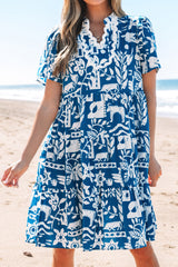 Blue Ricrac Trim Split Neck Floral Loose Dress Floral Dresses JT's Designer Fashion