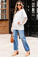 Beige Lace Sleeve Patchwork Faux Two-piece Fuzzy Sweater Sweaters JT's Designer Fashion