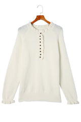 Beige Frill Trim Buttoned Knit Pullover Sweater Sweaters & Cardigans JT's Designer Fashion