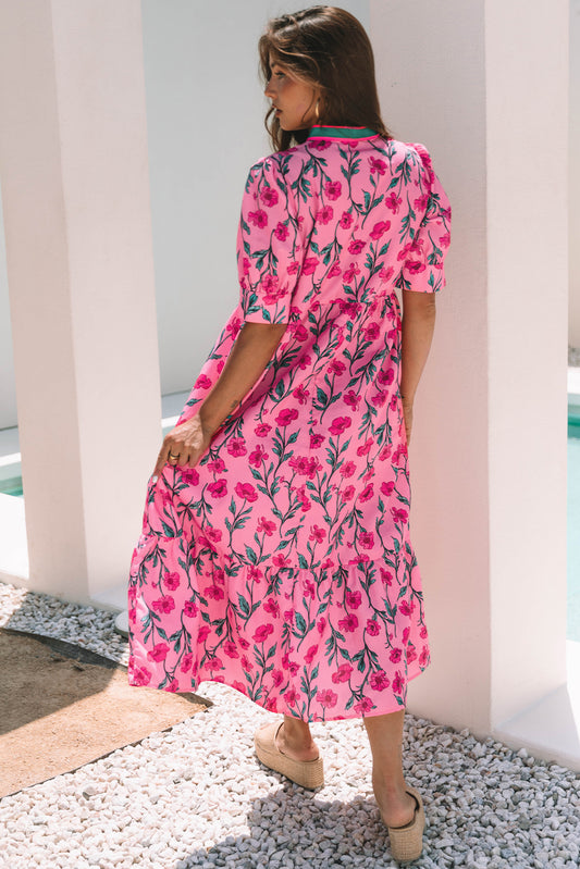 Pink Floral Contrast Neckline A-line Puff Sleeve Long Dress Maxi Dresses JT's Designer Fashion