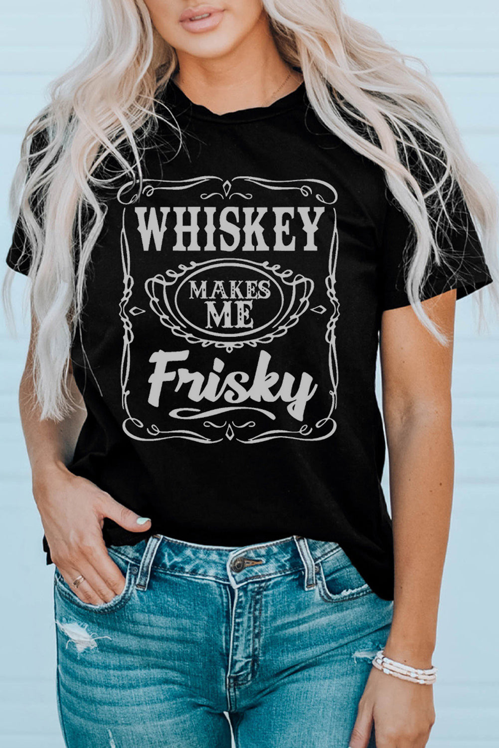 Black WHISKEY Makes Me Frisky Print Graphic Tee Black 95%Polyester+5%Elastane Graphic Tees JT's Designer Fashion
