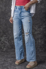 Light Blue High Rise Distressed Straight Leg Jeans Jeans JT's Designer Fashion