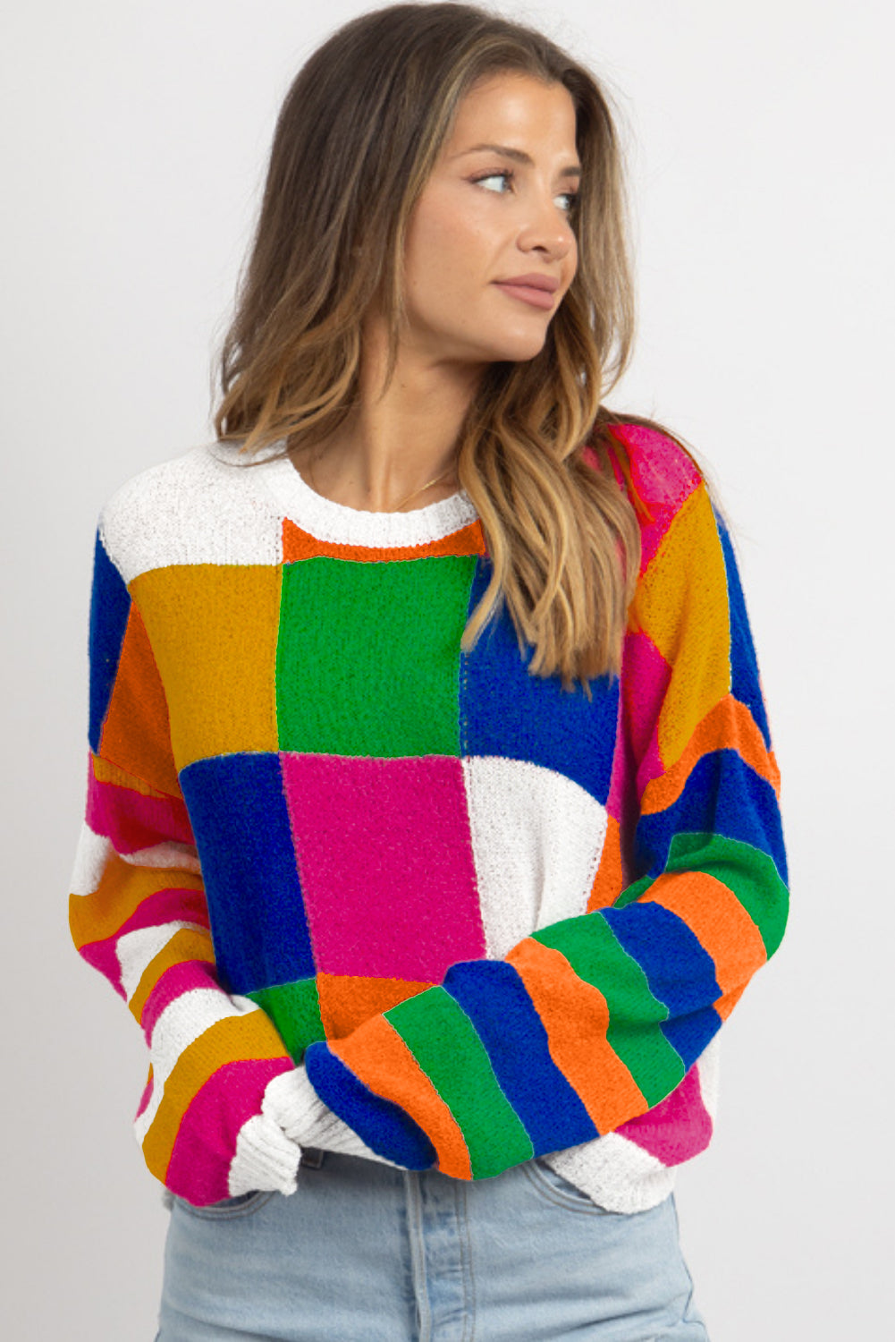 Orange Checkered Color Block Round Neck Loose Sweater Sweaters JT's Designer Fashion