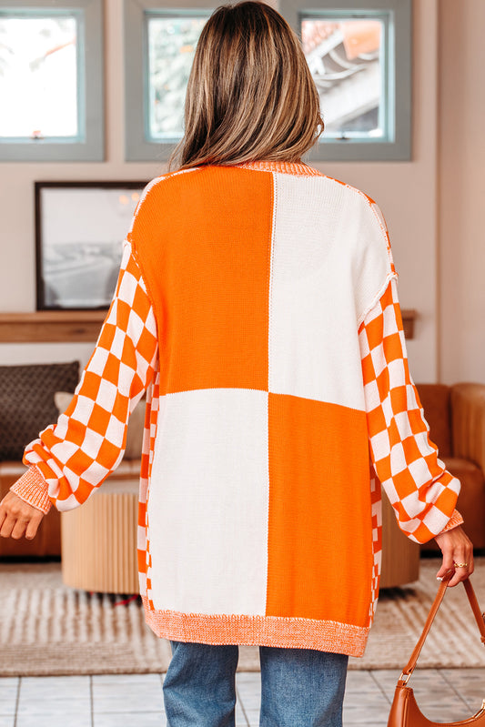 Orange Checkered Open Front Drop Shoulder Cardigan Cardigans JT's Designer Fashion