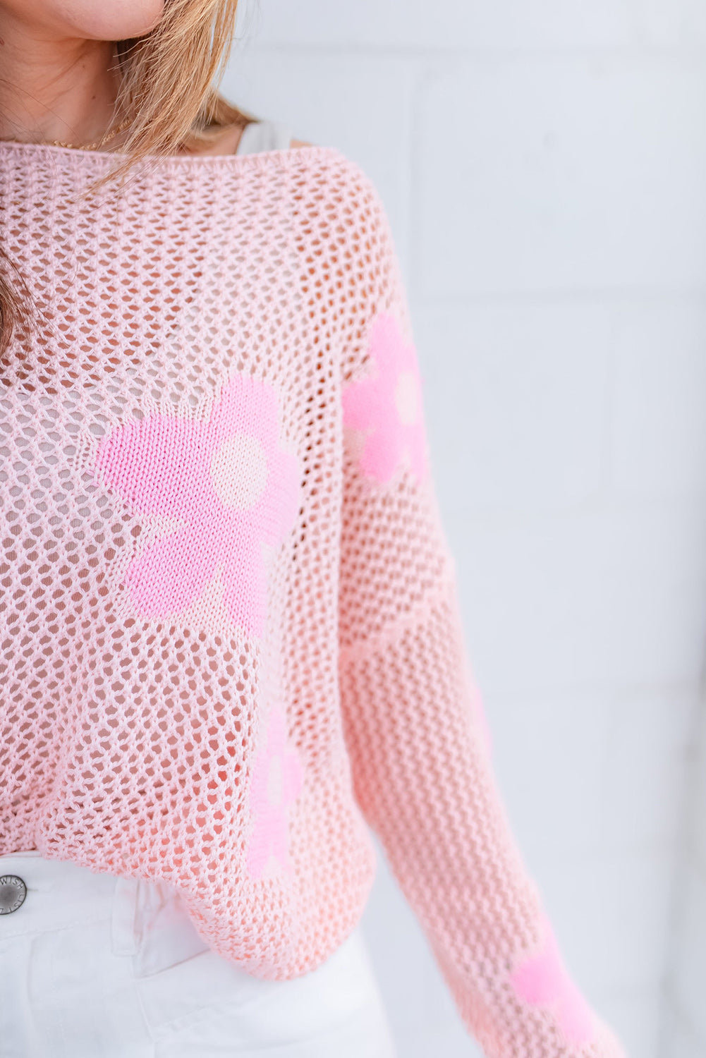 Light Pink Big Flower Hollowed Knit Drop Shoulder Sweater Sweaters & Cardigans JT's Designer Fashion