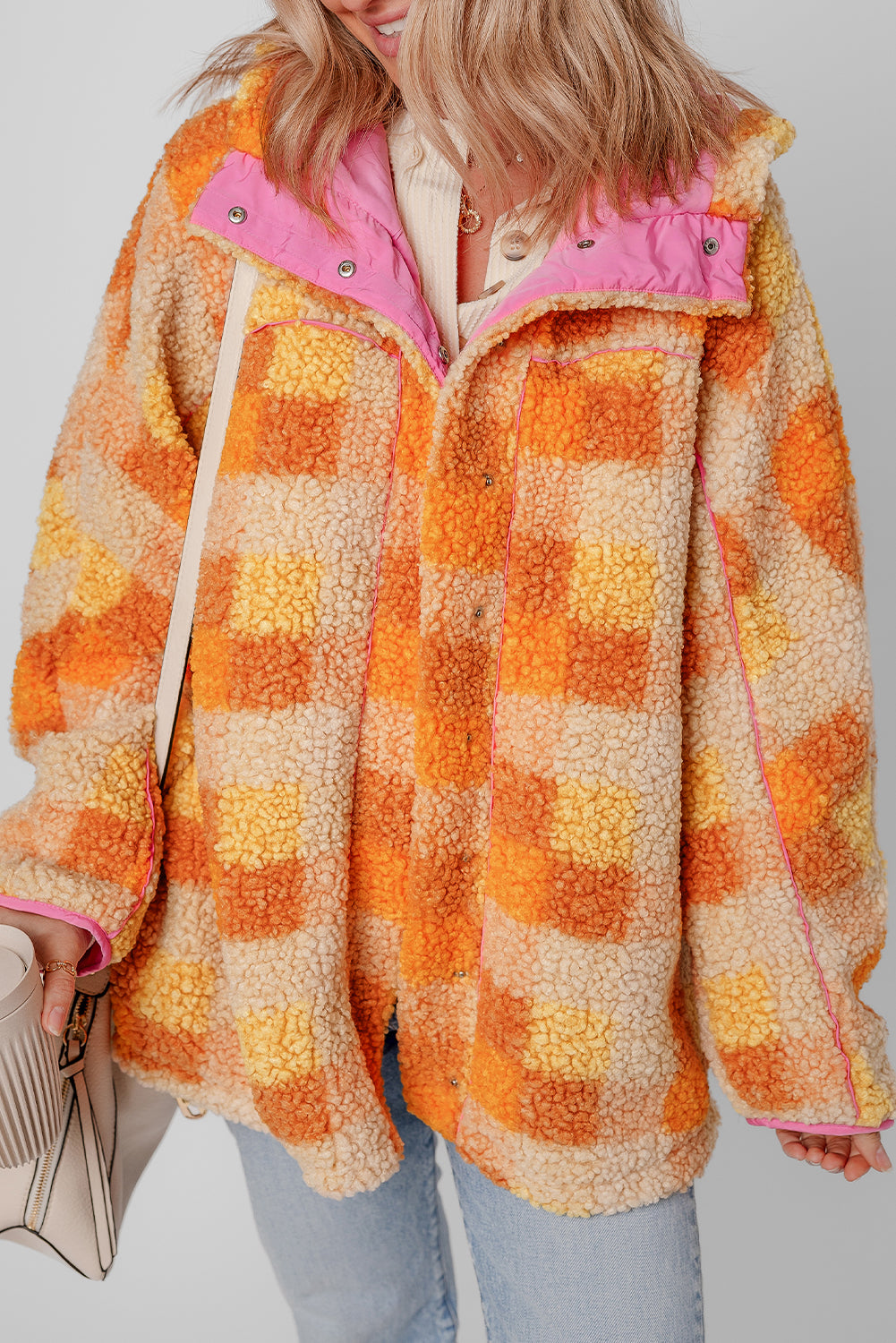Orange Checkered Sherpa Hooded Jacket Jackets JT's Designer Fashion