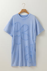 Sky Blue Mineral Wash Flower Patchwork Mini T Shirt Dress T Shirt Dresses JT's Designer Fashion