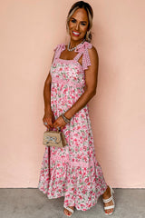 Pink Floral Lace Tied Strap Empire Waist Maxi Dress Floral Dresses JT's Designer Fashion