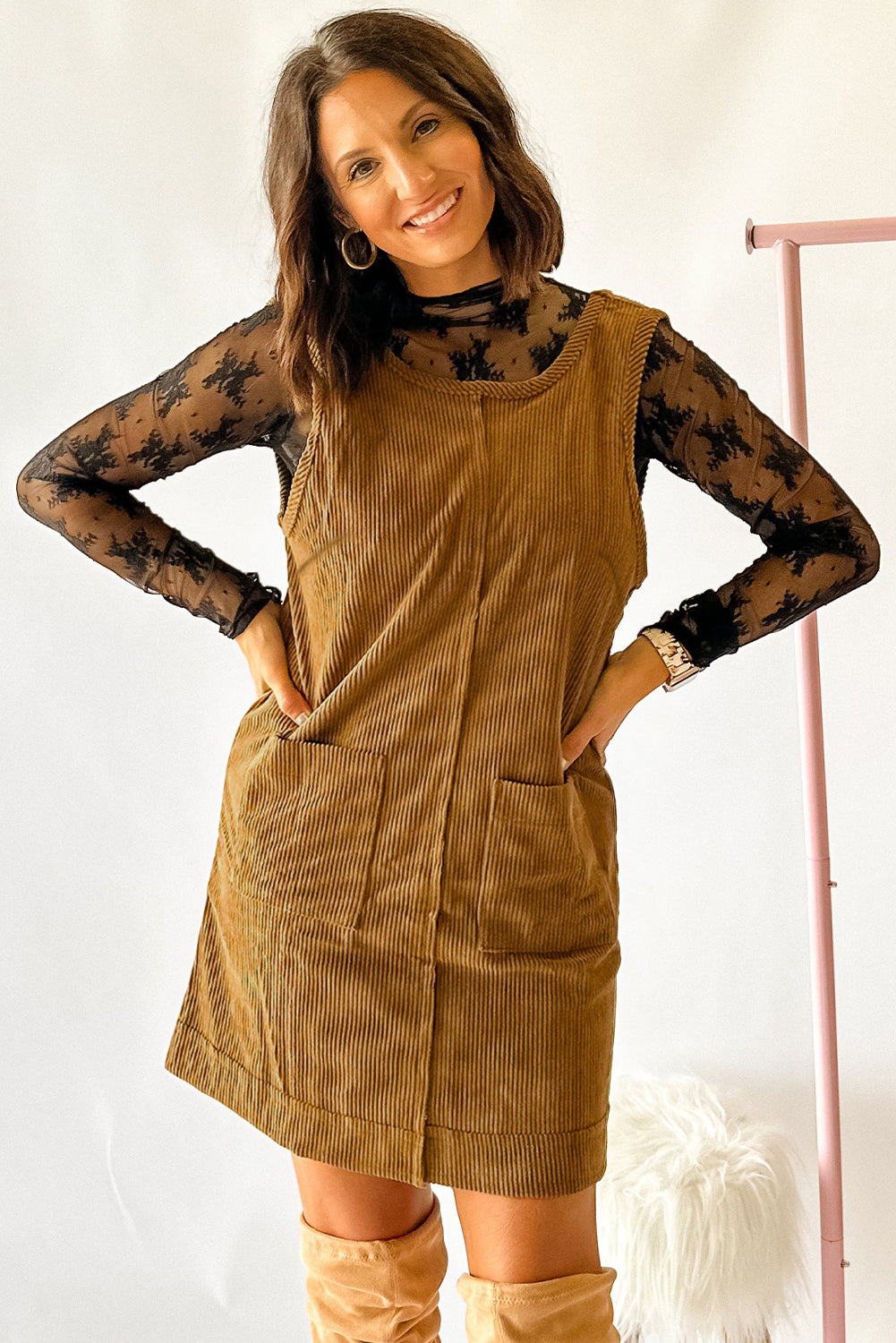 Beige Corduroy Sleeveless Mini Dress With Patched Pockets Mini Dresses JT's Designer Fashion