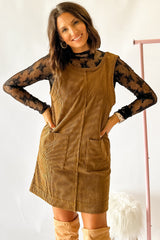 Beige Corduroy Sleeveless Mini Dress With Patched Pockets Mini Dresses JT's Designer Fashion