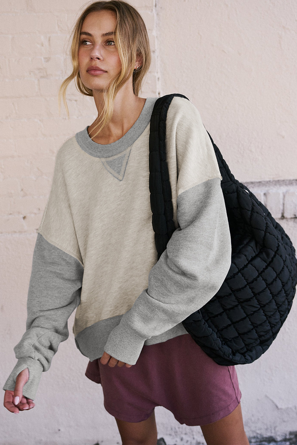 Light Grey Color Block Thumbhole Sleeve Drop Shoulder Sweatshirt Sweatshirts & Hoodies JT's Designer Fashion
