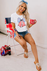 White Stripes and Stars Bowknot Print T Shirt Graphic Tees JT's Designer Fashion