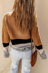 Brown Color Block Striped Ribbed Knit Sweater Sweaters JT's Designer Fashion