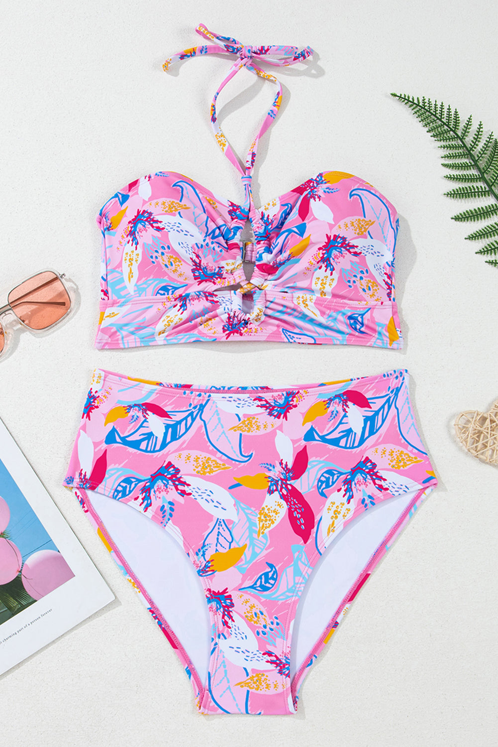Pink Floral Printed Halter Neck High Waist Bikini High Waisted Swimsuit JT's Designer Fashion