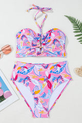 Pink Floral Printed Halter Neck High Waist Bikini High Waisted Swimsuit JT's Designer Fashion