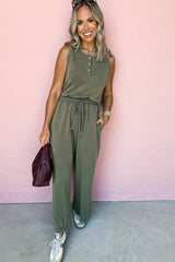 Vineyard Green Buttoned Drawstring Waist Sleeveless Wide Leg Jumpsuit Jumpsuits & Rompers JT's Designer Fashion