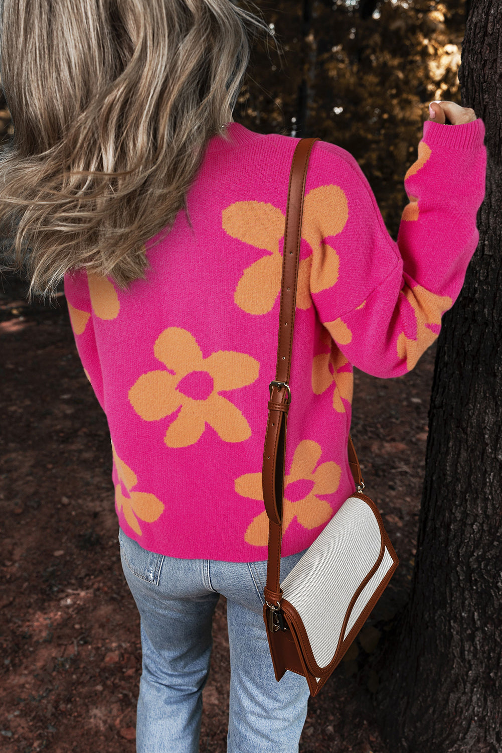 Rose Big Flower Pattern Mock Neck Long Sleeve Sweater Sweaters JT's Designer Fashion