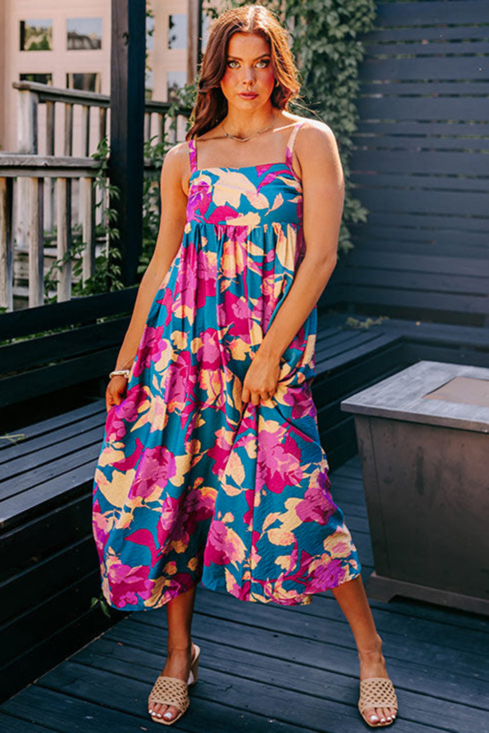 Dark Blue Floral High Waist Sleeveless Flared Long Dress Floral Dresses JT's Designer Fashion