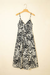 Khaki Tropical Palm Print Wrapped V Neck Spaghetti Straps Tiered Dress Midi Dresses JT's Designer Fashion