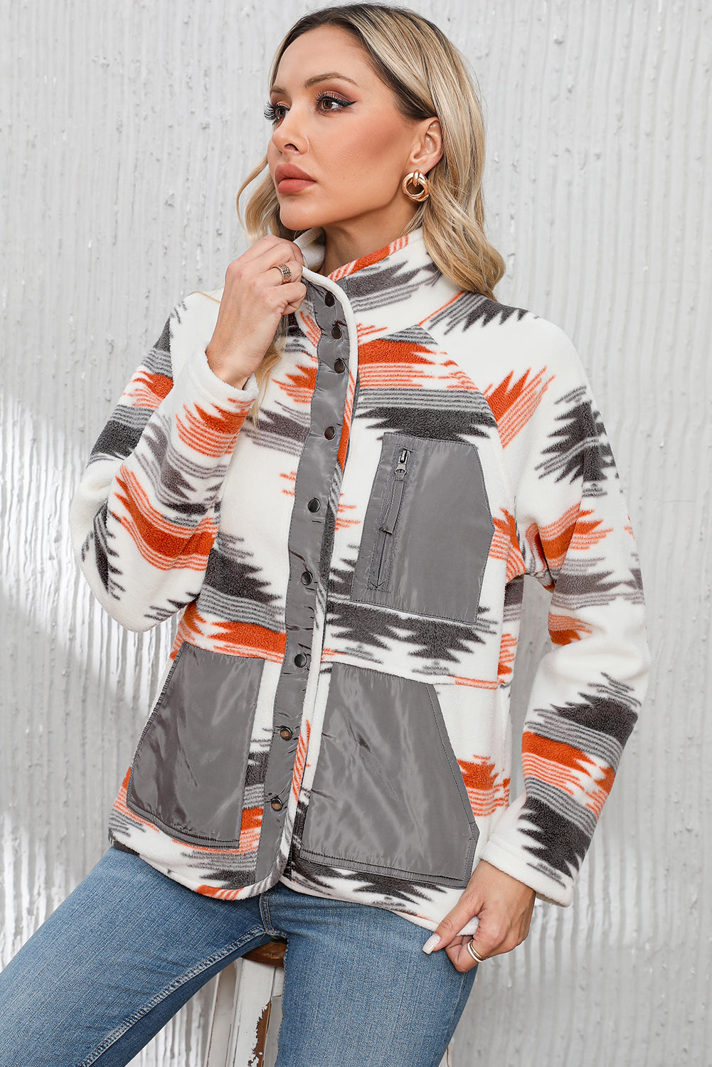 Multicolour Aztec Fleece Patchwork Snap Button Jacket Jackets JT's Designer Fashion