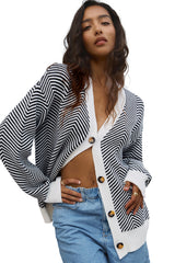 Black Stripe Buttoned Front V Neck Herringbone Cardigan Cardigans JT's Designer Fashion