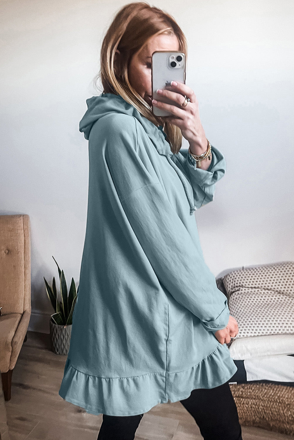 Iceland Blue Solid Ruffled Hem Loose Fit Tunic Hoodie Sweatshirts & Hoodies JT's Designer Fashion