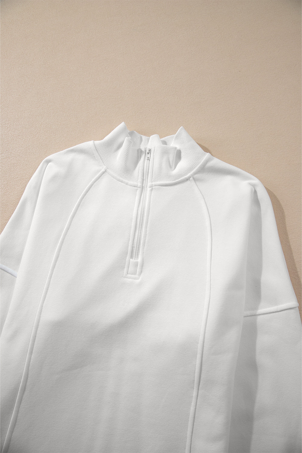 White Zipped Neck Pullover Drop Shoulder Sweatshirt Sweatshirts & Hoodies JT's Designer Fashion