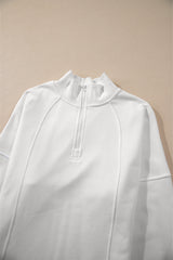 White Zipped Neck Pullover Drop Shoulder Sweatshirt Sweatshirts & Hoodies JT's Designer Fashion
