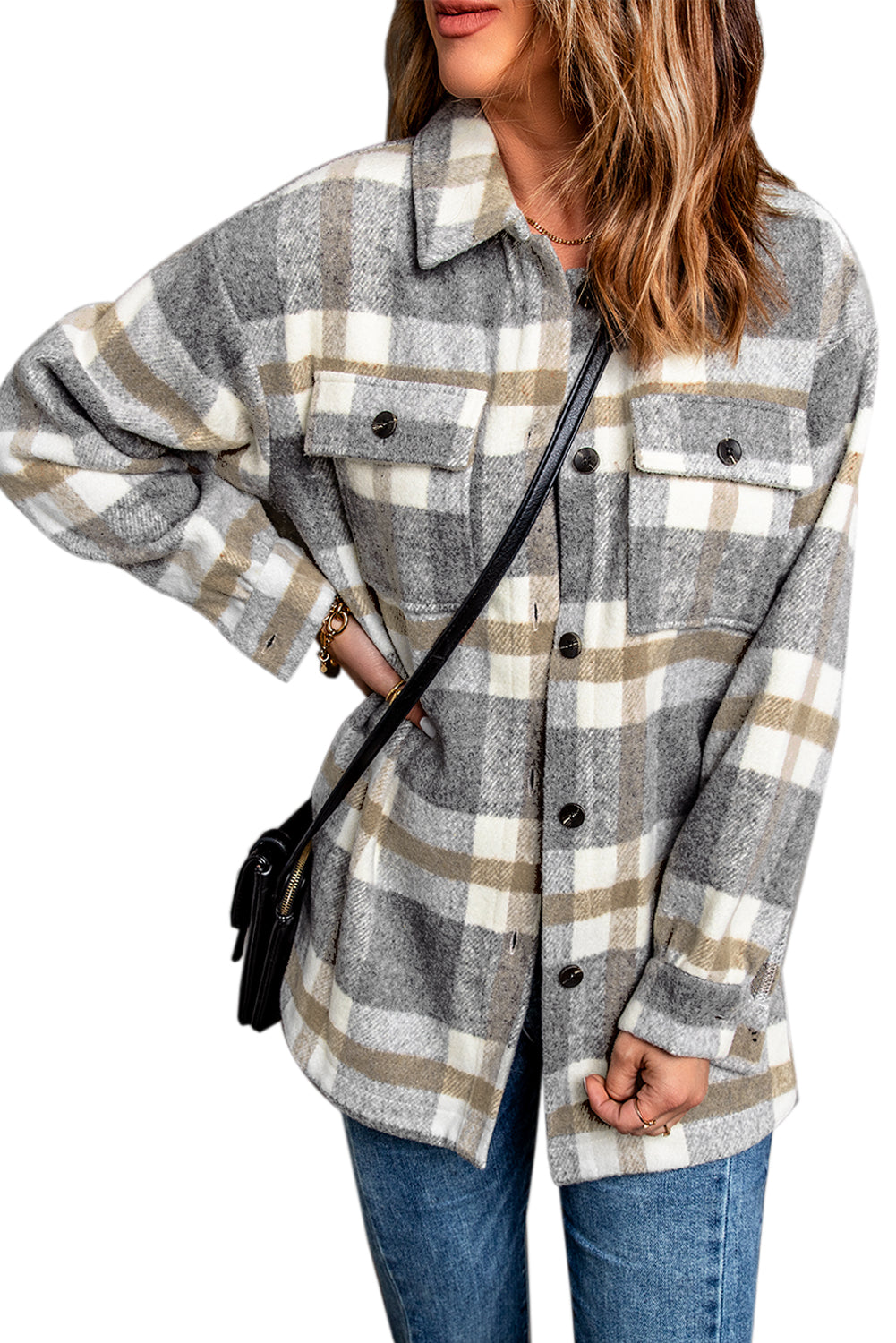 Brown Plaid Print Pocket Women Shacket Plaid Shackets JT's Designer Fashion