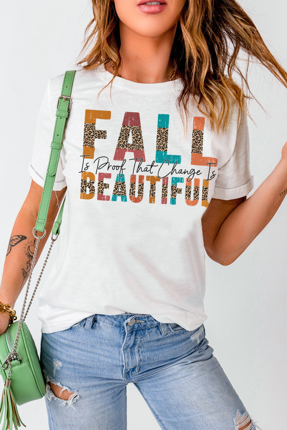 White FALL BEAUTIFUL Leopard Print Short Sleeve T Shirt Graphic Tees JT's Designer Fashion