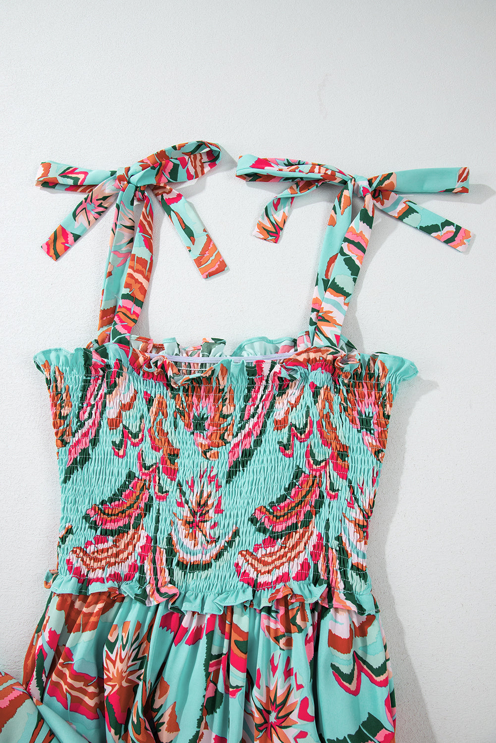 Green Abstract Print Smocked Bodice Knotted Straps Ruffled Long Dress Maxi Dresses JT's Designer Fashion