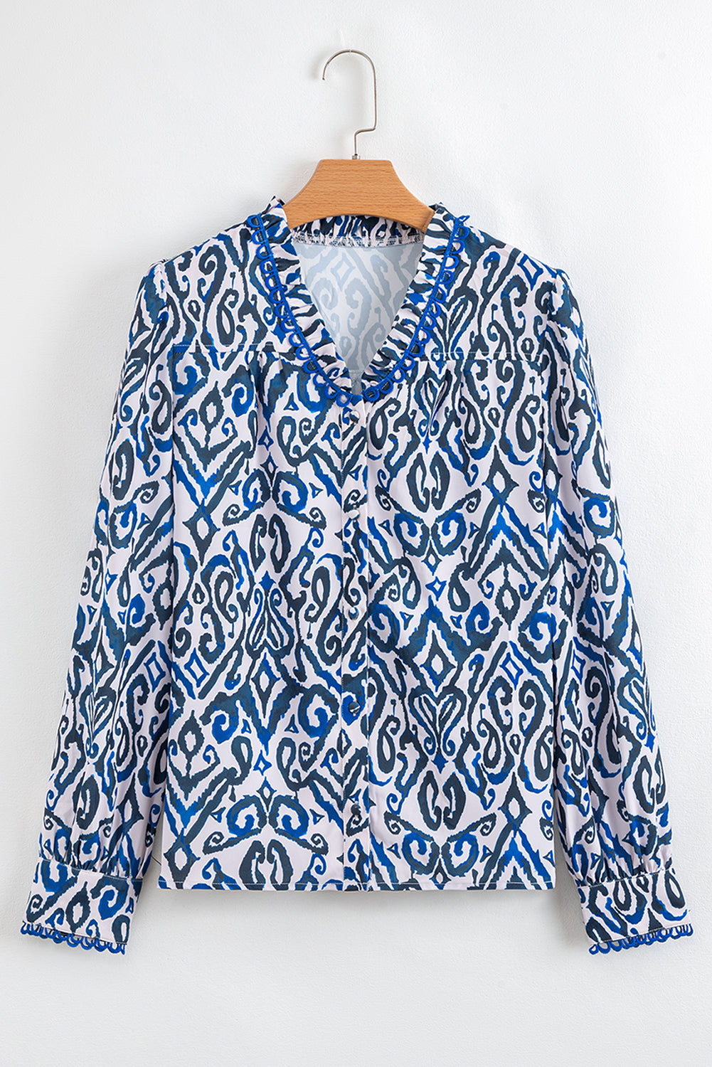 Blue Bohemian Print Embroidered V Neckline Detail Long Sleeve Shirt Blouses & Shirts JT's Designer Fashion