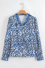 Blue Bohemian Print Embroidered V Neckline Detail Long Sleeve Shirt Blouses & Shirts JT's Designer Fashion