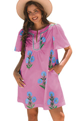 Rose Floral Short Sleeve Split Neck Loose Mini Dress Floral Dresses JT's Designer Fashion